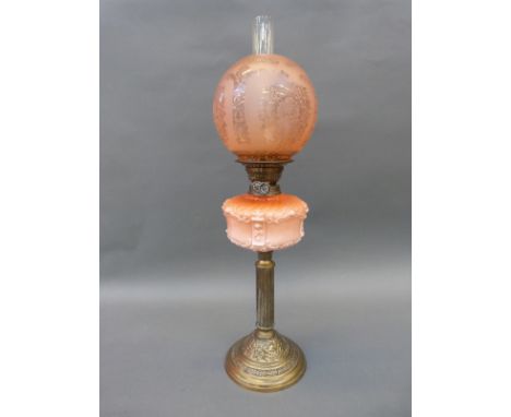A Victorian brass and moulded glass oil lamp, H70cm 