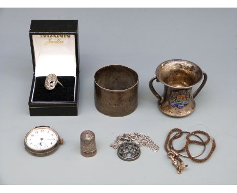 A hallmarked silver twin handled cup with enamel plaque, silver cased wristwatch marked 'The Military Watch', hallmarked silv