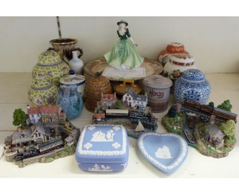 Chinese ginger jars, honey pots, Danbury Mint railway models, plated tazza, Royal Worcester figurine, Wedgwood Jasperware