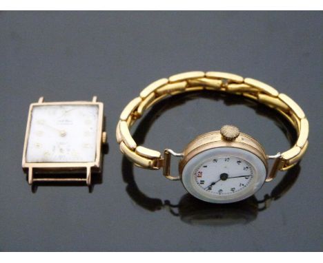 Trebex 9ct gold wristwatch with subsidiary seconds dial, gold hands and Arabic numerals, silver face, square case and signed 