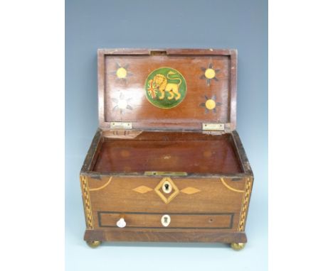 A Georgian mahogany two division tea caddy with shell inlay to lid, opening to reveal lion and Union Jack inlaid to interior 