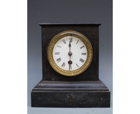 Victorian single train 19thC slate mantel clock, the enamel Roman dial with steel blue hands, toothed decoration to  brass be