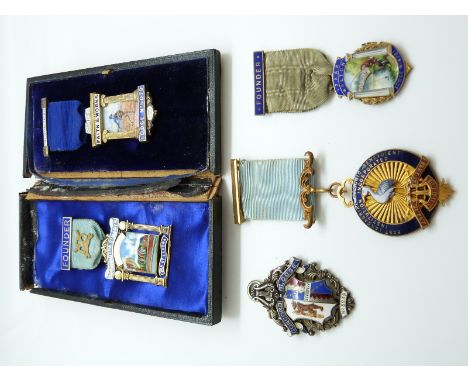 Five hallmarked silver and enamel Masonic jewels / medals, lodges include Izaac Walton Lodge 4281, Faith and Works 5079, Conc