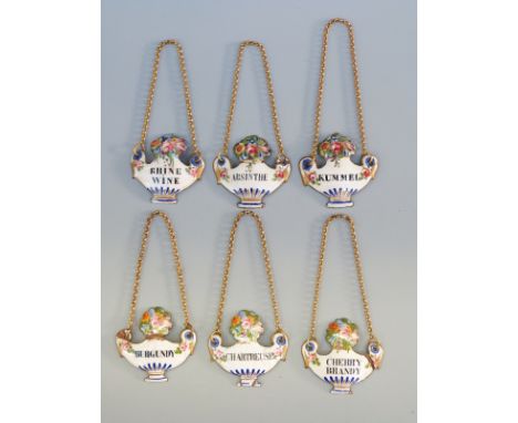 A set of six 19thC Dreyfous enamel bottle tickets comprising Burgundy, Rhine Wine, Cherry Brandy, Kummel, Absinthe and Chartr
