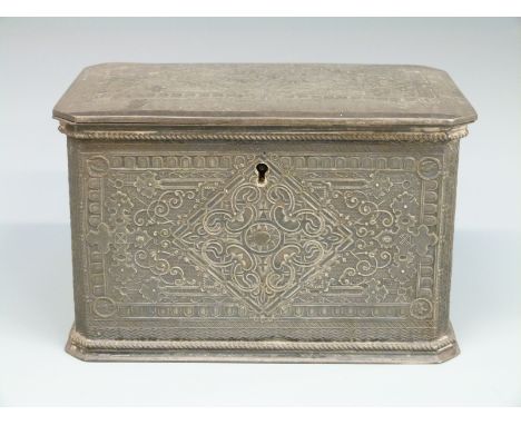 A silver plated casket or tea caddy with engraved decoration, marked to underside SF, width 15cm