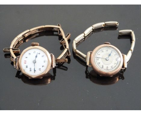Two 9ct gold ladies wristwatches one with Arabic numerals, blued hands, gilt minute markers, white enamel dial, faceted case 