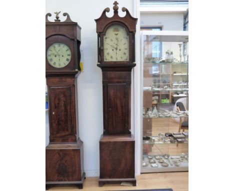 A 19thC 8-day longcase clock in plume mahogany case restored with beaded inlay, the movement striking on a bell. The painted 