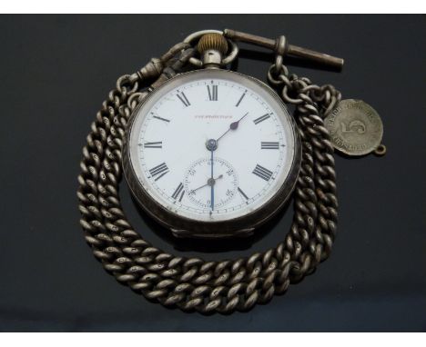 Continental silver keyless winding open faced pocket watch with subsidiary seconds dial, Roman numerals, blued hands, white e