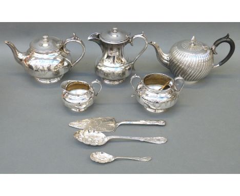 A silver plated tea service and other plated ware including wrythen teapot