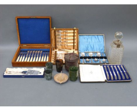 A cased set of hallmarked silver handled knives, plated lockable decanter, mahogany cased fish service, bakelite items etc 