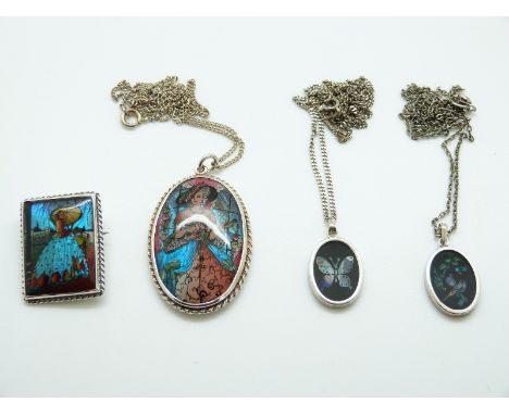 A silver pendant & brooch set with butterfly wing and two opal mosaic silver pendants & chains
