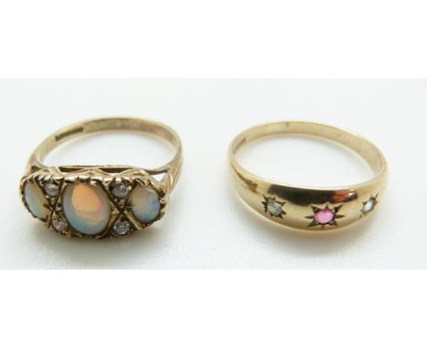 A 9ct gold ring set with opals and a 9ct gold ring set with a ruby and diamonds, sizes M and P, 4.55g  