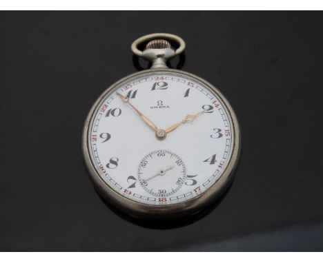 Omega nickel plated keyless winding open faced pocket watch with black Arabic numerals, red 24 hour numerals, gold hands, ins