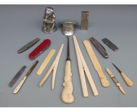 Kings and Queens of England penknife, Swiss pocket knife, ivory and bone button hooks, glove stretchers etc 