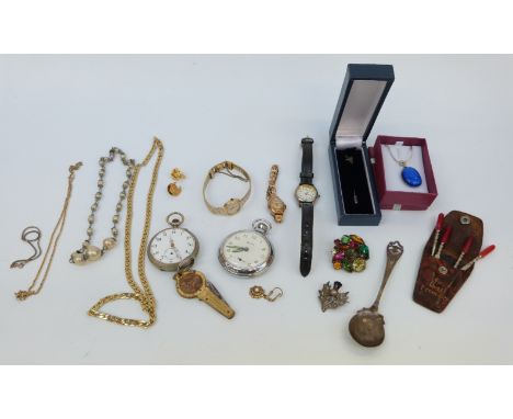 Smiths pocket watch, hallmarked silver Scottish brooch and spoon, further watches, silver bracelet and costume jewellery 