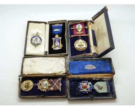 Four hallmarked silver and enamel Masonic jewels / medals, lodges include St Mowdens 4850, Abbott Lichfield 3308, Helio 3900 