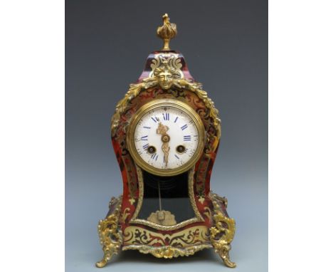 French early Victorian mantel clock with Boulle work decoration to front, sides and top of tortoiseshell balloon style case a