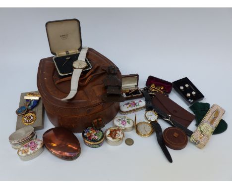 A collection of items including hallmarked silver medallion, Rotary pocket watch, snuff box, hallmarked silver pot, 9ct gold 