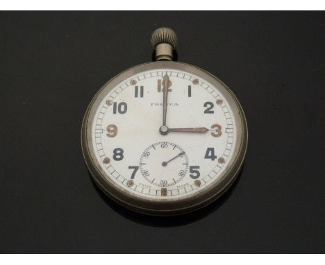 WWII Swiss 'French' gentleman's keyless winding open faced military pocket watch with two-tone Arabic numerals, subsidiary se