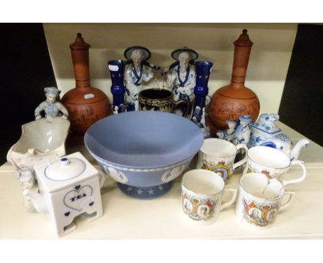 A pair of terracotta covered vases and underplates possibly Prattware, Wedgwood Commemorative American Presidents pedestal bo