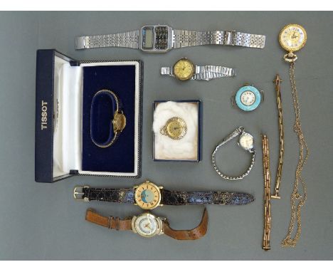 Nine watches to include an early to mid 20thC hallmarked silver and guilloche enamel ladies wristwatch, Timex, Casio, Tissot 