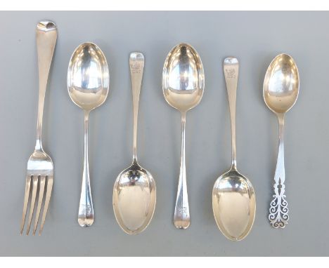 Four hallmarked silver Hanoverian rat tail pattern dessert spoons, Sheffield 1927 maker Cooper Bros and Sons, a Georgian dinn