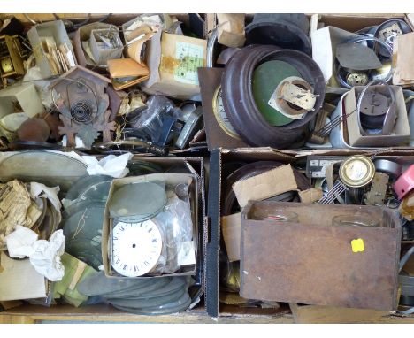 Very large quantity of wall and mantle clock parts including dials, mechanisms, hands, glass and balances