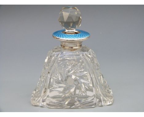 A hallmarked silver and guilloché enamel cut glass scent / perfume bottle, London 1928 maker H Pidduk & Sons, height 10.5cm 