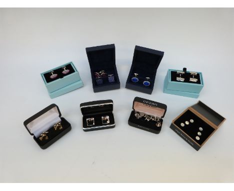 A collection of cufflinks including Hawes & Curtis, enamel examples, chequered mother of pearl, guilloché enamel, mother of p
