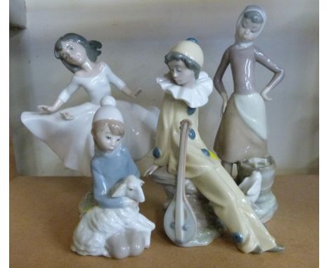 Four Lladro and Nao figures including a girl with butterfly, jester with mandolin etc