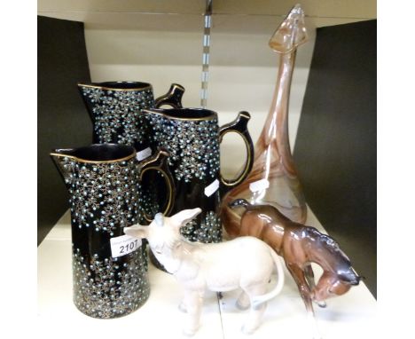 A Jack-in-Pulpit probably early Alum Bay glass bud vase together with a Beswick foal, Nao donkey and three Victorian graduate