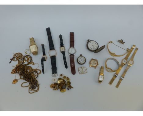 A collection of watches to include Rotary and MuDu, two silver pocket watches, pendant marked 18ct gold etc