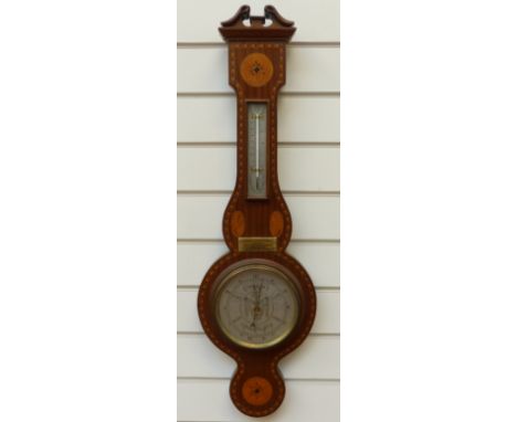 Reyneroid mid-20thC oneroid barometer in banjo style inlaid wooden case, the silvered dial with black predictions with centra