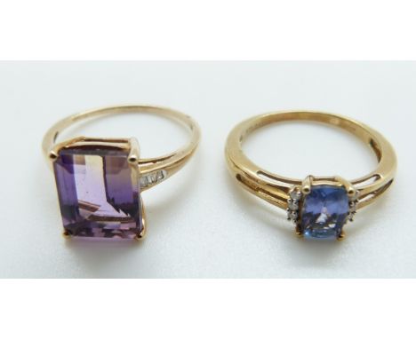 A 9ct gold ring set with an amethyst and diamonds and a 9ct gold ring set with tanzanite and diamonds, size R/S and R/S, 5.38