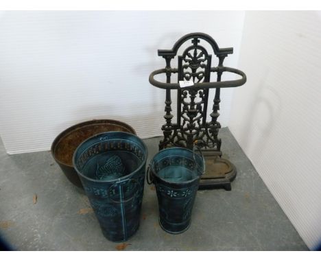 Metal stick stand, cauldron and two plant pots.&nbsp; (4) 