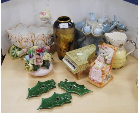 Modern Italian bowl modelled as a nude female pushing a barrow, rocking cat ornament, posy, donkey figure group, modern Japan