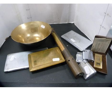 Group of lighters and cigarette cases to include a Ronson lighter together with a Chinese-style brass bowl and a thermometer.