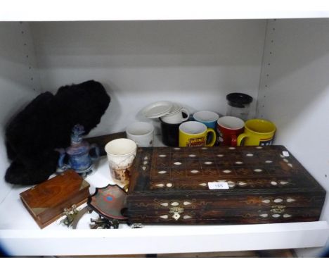 Middle eastern-style hardwood games box, hardwood box and cover, glazed teapot, mugs etc (one shelf). 