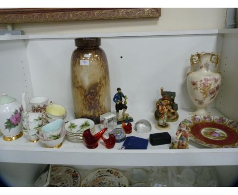 Vienna-style plate, Goebel Hummel-style figure and another, similar, paperweights, Paragon part coffee set, glass figures, cu