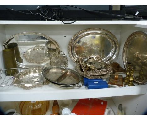 EP to include trays, cake basket, also a pair of brass candlesticks, blotter etc (one shelf). 