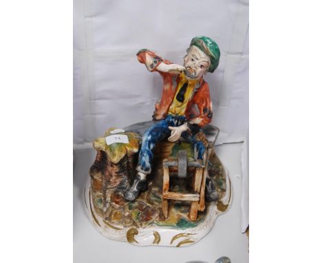 Capo di Monte figure group modelled as a drunk sitting on a bench, with backstamp N to the underside, possibly for Naples.