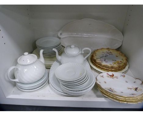 Doulton Burslem and other cabinet plates, large leaf-shaped dish, continental white glazed dinnerwares etc (one shelf). 