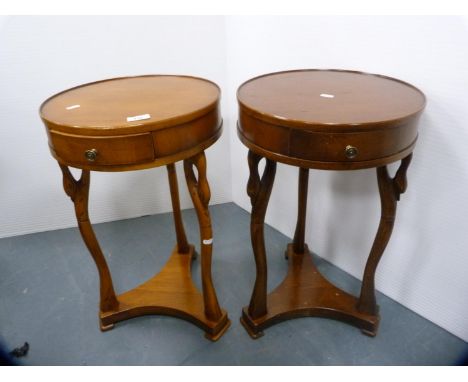 Pair of circular two-tier lamp tables, each fitted with a single drawer. 