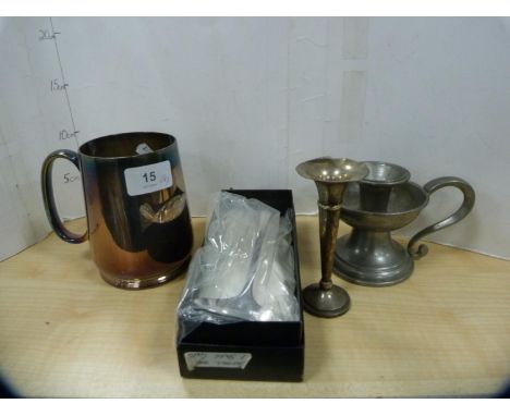 Pewter chamberstick, small silver posy vase, EP tankard and an EP ladle in a George Butler of Sheffield box.&nbsp; (4) 