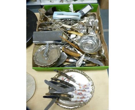 Large collection of loose EP and other cutlery, EP dishes, and a set of Royal Crown Derby cake knives with ceramic pistol han