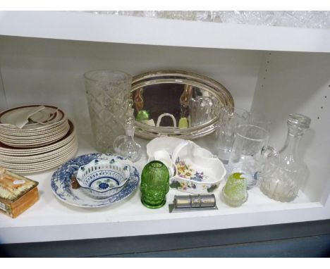 EP-style platter, dinner plates, glass decanter, jugs, vase, strawberry dish with integral cream and sugar, calendar etc&nbsp