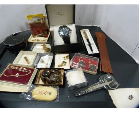 Collection of costume jewellery and fashion watches to include a boxed Rotary Chronospeed wristwatch, dress cufflinks, Parker