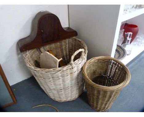 Wicker basket containing bellows, fire irons, mantel clock case etc. 