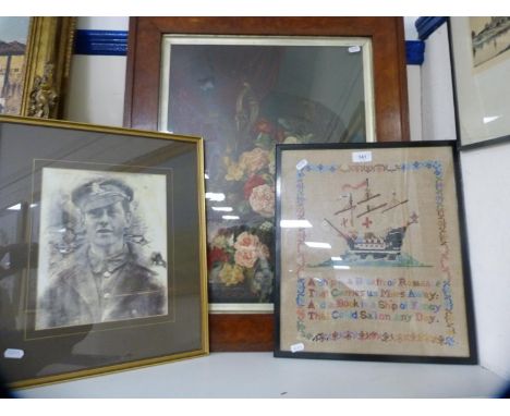 Sampler, print of a soldier and a floral print.&nbsp; (3)