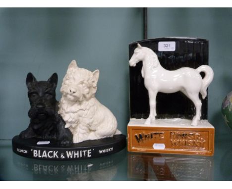 White Horse Whisky ceramic advertising figure/bookend, no. 9473, with a Scottie Dog Black &amp; White Scotch whisky group. 